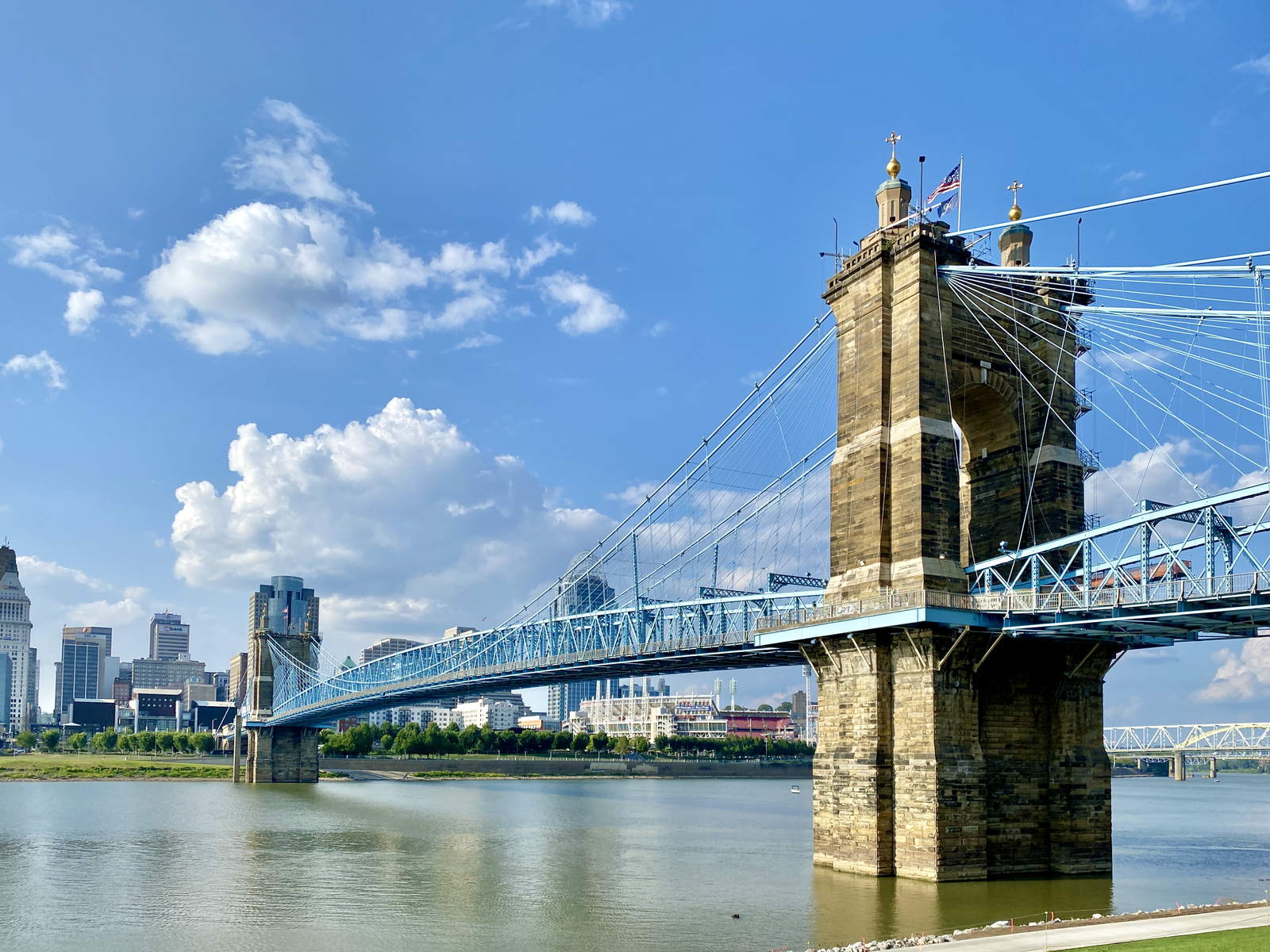 Cincinnati skyline and the Roebling Suspension Bridge on the Ohio River